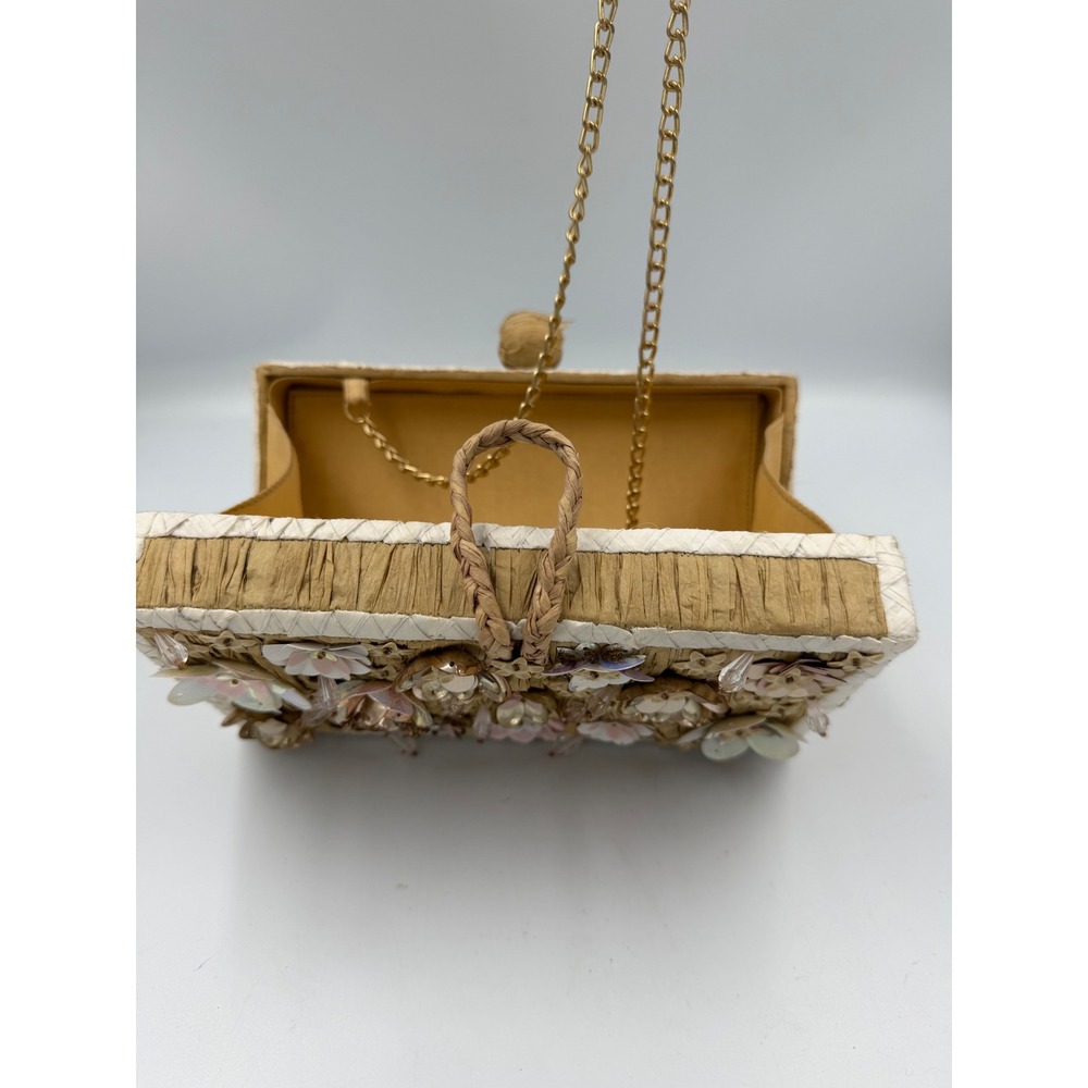 Hat Attack Raffia Floral Sequin Box Clutch Bag Tan Gold Chain Strap Evening Bag - Picture 4 of 7